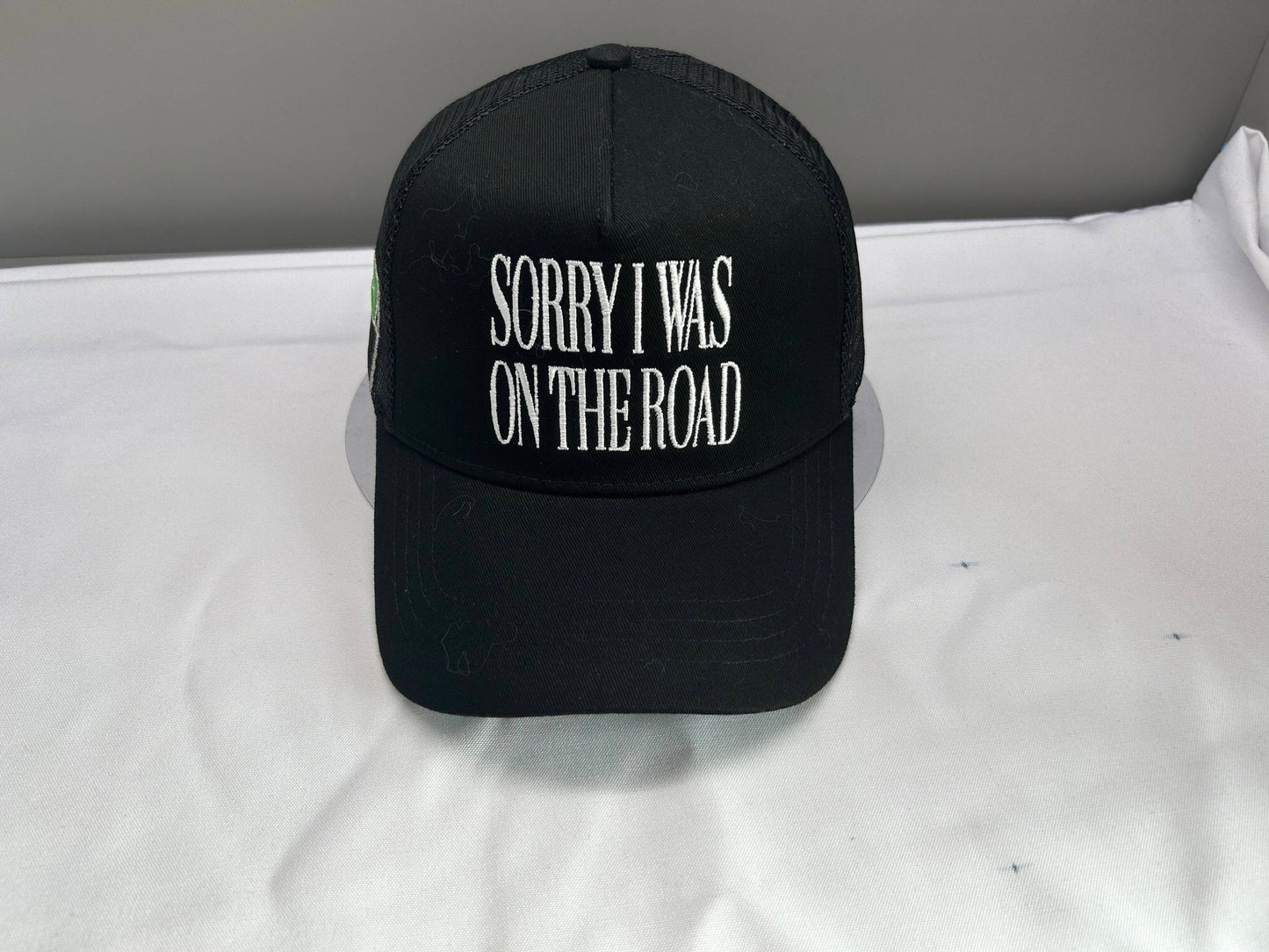 “Sorry I Was On The Road” Trucker Hat Black